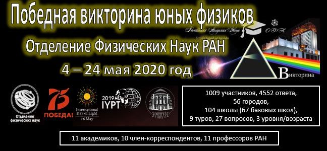 Our group takes part in the organization and conduct of the All-Russian quiz for schoolchildren of the Department of Physical Sciences of the Russian Academy of Sciences Our group takes part in the organization and conduct of the All-Russian quiz for schoolchildren of the Department of Physical Sciences of the Russian Academy of Sciences